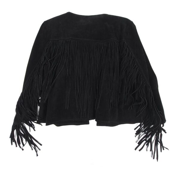 100% Leather Jacket Suede Cropped Western Boho Fringe Tassel Horse Girl Black - Picture 6 of 7